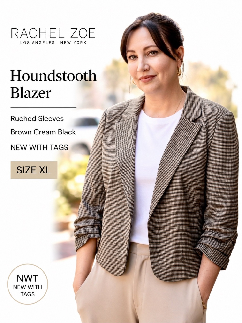 NWT Rachel Zoe Micro Houndstooth Ruched Sleeve Blazer XL Quiet Luxury